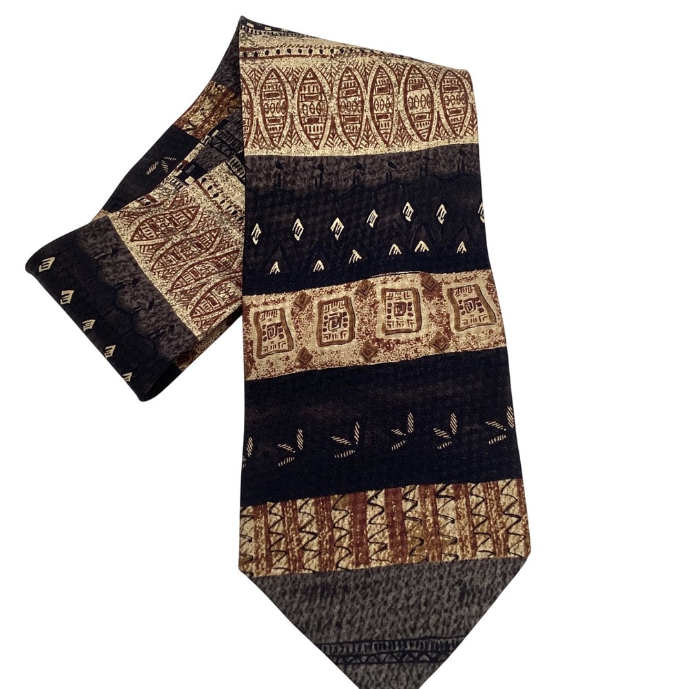 Daniel De Fasson Vintage Mens Silk‎ Tie Brown Abstract Tribal Geometric Pattern